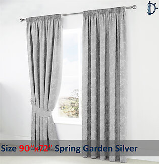 Jacquard Curtain Pair, Lined Tape Top Jacquard Curtains - Spring Garden Silver Grey - 2 Pieces Window Curtain with Tie Back Pair