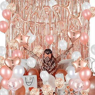 34pcs Happy Birthday Rose Gold Decoration Set For Girls( Birthday Foil +1back curtain- 25 Balloons + 5 x Confetti Balloons + 1star& 1Heart)- Rose Gold Theme For Girls Rose gold birthday theme birthday accessories