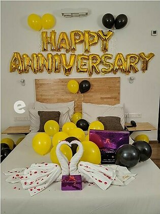 Anniversary Deal - Foil Balloon Happy Anniversary - Golden With 25 Black & 25 Yellow Balloons