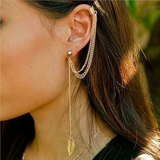 Pair Of Ear Cuff Long Chain Leaf Tassel Stylish Golden Earrings For Girls