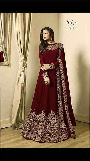 Maroon Chiffon Embroidered Dress For Women