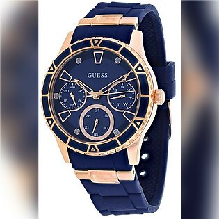 Guess Womens Rosegold Case Blue Multi-Function Dial Blue Textured Silicone Strap Watch W1157L3