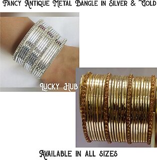 Fancy Antique Metal Bangle In Gold & Silver And Single Line Diamond Bangle 24 Pieces For Girls With Extra Shinning All Sizes Available ( Do, Sawa And Dhai )