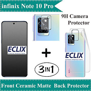 Pack of 3 - Infinix Note 10 Pro Ceramic Matte Glass Protector Gorilla Tempered Glass Screen Protector Guard + Back Jelly Protector Soft TPU Hydrogel Jell Film Protection + 9H Camera Glass Protector For Lens Glass Infinix Note 10 Pro - Transparent