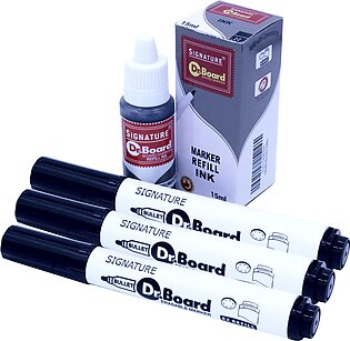 Pack of 3 Black Signature Dr Board Markers with (1) Black Refill ink pot (Economy Pack)
