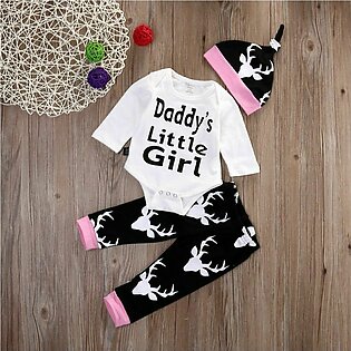 Romper And Pajama Trouser With Cap 3 Pieces Set Daddy's Little girl Printed Full sleeve Tee Tops Clothes Sets Dresses Outfit Jannat Store