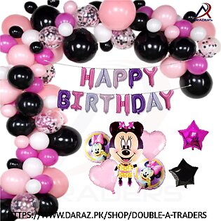 Minnie Mouse Happy Birthday Theme Set For Girls | Pink & Black Birthday Theme | 72 Pcs