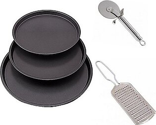 Pack Of 3 Non Stick Pizza Pan Set With Pizza Cutter And Cheese Grater