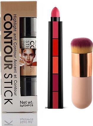 Deals of 3 Chubby Pier Foundation Makeup Brush +Wonder Contour Stick +5 in 1 Lipstick Makeup Cosmetics