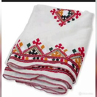 Sindhi Embroidered White Ajrak Chadar For Ladies