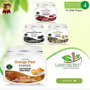 Precious Pack Of 4 Natural Herbs: Orange Peel, Rose Petals, Activated Char Coal & Multani Mitti Powder - 100g Each