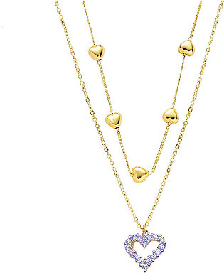 Elegance And Brilliance: Jewelicious 14k Real Gold Double Layer Heart Necklace With Shining Aaa Zircon - Perfect For Women's Clavicle Chain And Elegant Wedding Charm Pendant Jewelry