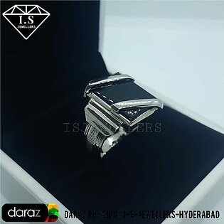 Men's Ring With Black Square Agate (black Aqeeq) 925 Silver (chandi)