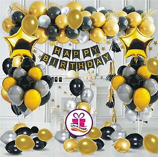 Happy Birthday Decoration Theme Set black/golden/silver, Birthday Accessories with 13Pcs Black Banner Card, 20 Latex Balloons and 2 Foil Stars Balloons For Girls & Boys