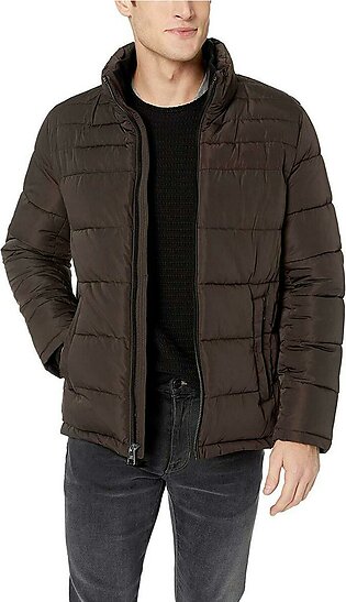 Brown Leather Puffer Parachute Jacket For Men
