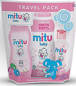 Mini Gift Pack - Fresh And Clean Baby Wipes - Fresh And Clean Baby Cologne - Liquid Soap Sabun 2 in 1 - Floral Baby Powder - Mitu Baby All In One Mini Travel Pack