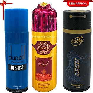 Perfumed Body Spray Pack Of 3 Big Bottle Arabic Long Lasting Oud Dundill Blue Freshrite| Oud Al Arabia| Musk Lucky For Men And Women Imported Quality Gifting For Boys Birthday Wedding Gift Best Seller Fragrance Fresh Scent Party Gift Perfumed