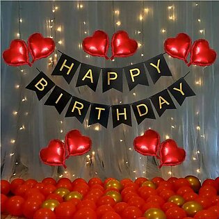 Red And Black Happy Birthday Theme- 1 Pcs Happy Birthday Banner +10 Hearts Balloons, Black Birthday Card+30 Red & Gold Balloons, With Fairy Still Light Birthday Decoration For Girls Birthday Decoration For Boys Birthday Accessories