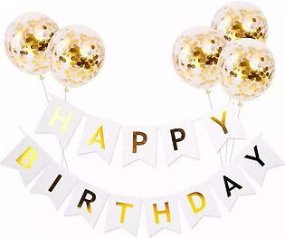 Happy Birthday Large Banner with 5 Confetti Balloons - White Golden / Black Golden Theme Package