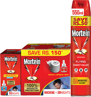 Mortein Flying Insect Killer Spray Kills 100% Mosquitos & Flies 550ml + Led Machine Insect Repellent With Mosquito Repennelt Refill 25ml + Mosquito Repellent Refill 60 Nights Odourless 42ml - Dengue Defense Kit