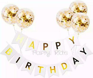 White Happy Birthday banner with golden confetti balloons