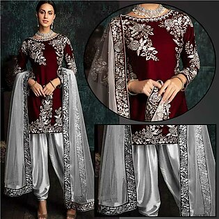 Maroon & Silver Ladies Chiffon Embroidered Dress