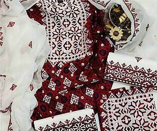 Sindhi AJRAK Linen Embroidered With Chifoun Dupatta 3 Piece Dress for Women