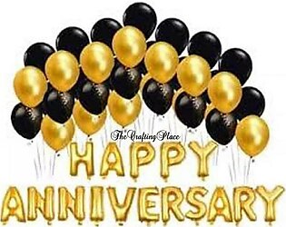 Happy Anniversary Foil Balloons Set - Golden And Black Decor For Anniversary Party / First Aniversary / Anniversary Balloons / Anniversary Function