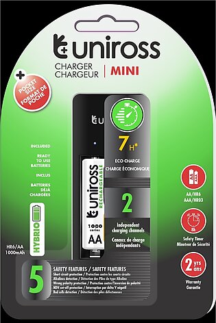 Uniross Automatic Mini Charger + 2 AA 1000mah Hybrio Batteries