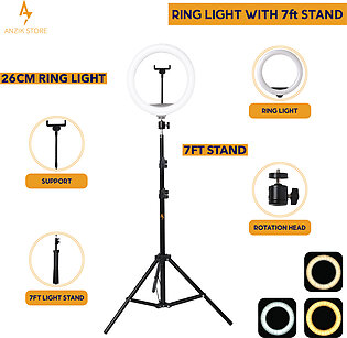 Ring Light With Tripod Stand, 26cm Selfie Ring Light With 7ft Tripod Stand, Adjustable And Portable Tripod Stand With Mobile Phone Holder, Tripod For Mobiles And Cameras, Three Colors Shades Ring Light Stand By Anzik Store