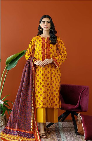 Orient Unstitched 3 Piece Embroidered Khaddar Shirt , Khaddar Pant And Khaddar Dupatta For Woman And Girls - Colour: Yellow -design Code: Otl-23-279/u Mustard - Collection: Orient Winter Vol. I 2023 - Collection: Winter Vol. I 2023
