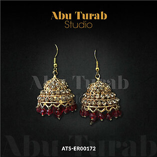 Abu Turab Studio - Golden Copper Stone Jhumka with Maroon Hanging Pearls for Ladies  Modern Designer Earrings