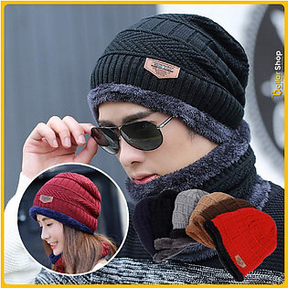Winter Beanie Scarf Set Warm Knitted Hat Thick Fleece Lining Winter Hat Neck Warm Clothing for Men & Women