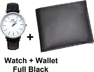 Leather Wallet With Wrist Watch Full Black Gift Set For Boys