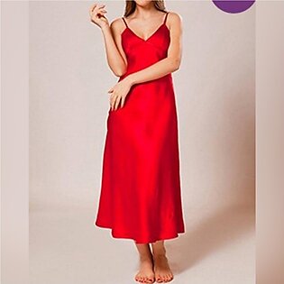 Silk Red Color Long Chemise With Bra - Vche002-rd