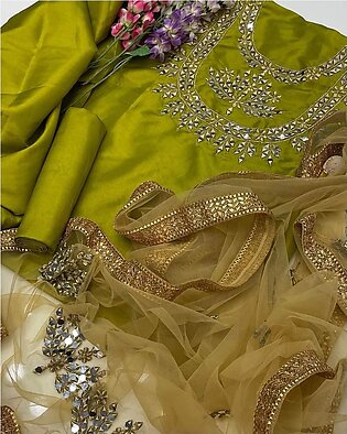 Pure Indian Raw Silk Mirror Work Shirt And Trouser Along Net Mirror Dupatta 3 Pc Dress