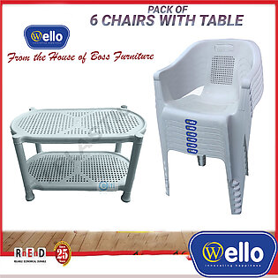 Wello (boss) Set Of 6 Plastic Chairs And Plastic Table - White