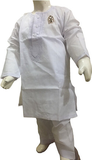 White Starched Cotton Party Wear Kurta Shalwar For Boys