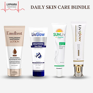 Pack Of 4 Daily Skin Care Bundle (for Men & Women) - Livglow Skin Brightening Cream, Livglow Brightening Face Wash , Sunliv Sun Protection Cream & Emollient Moisturizing Lotion