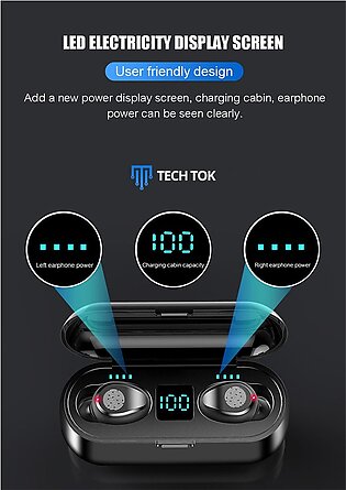 Pack of 2 TECH TOK TWS True Wireless Earbuds Bluetooth 5.0 with Active Noise Cancellation Sport Earphones V5.0 Stereo Headphones with Power Bank for Android Xiaomi with in Ear Built in Mic - Black