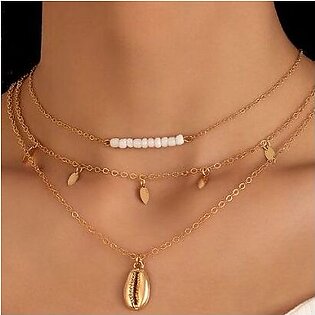 Fashion Jewellery Gold Shell Pendant Neckalce For Women Charms Beaded Multilayer Clavicle Chain Alloy Party Jewellery