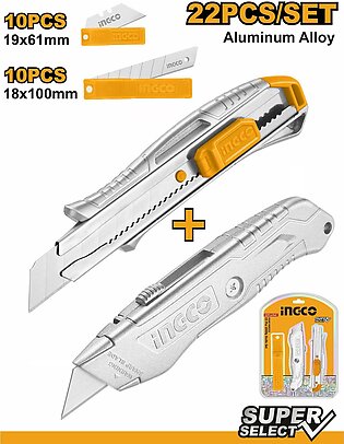 Ingco - 22pcs Utility Cutter Set (2pcs Aluminum Alloy Cutters & 20pc Blade)