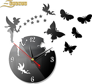 EVENTO Fairy And Butterflies Wall Clock Wooden And Acrylic Watch DIY Design Decoration Piece Item For Home Living Room And Offices And For Gifts - Black