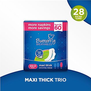 Butterfly Breathables Maxi Thick Fabric Soft Sanitary Pads Extra Long Trio Pack 28 Pcs