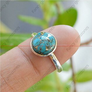 Blue Copper Turquoise Ring - Blue Copper 10 Mm Round Gemstone Silver Ring - Handmade Ring - Sterling Silver