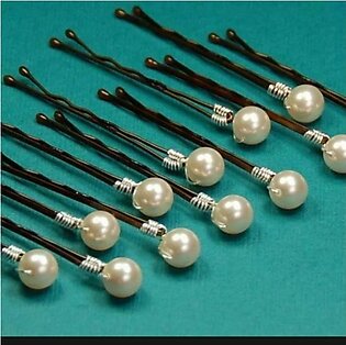 12 Hair Bob Pins With White Beads And Silver Wire