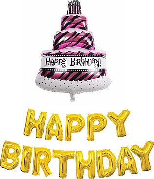 Happy birthday golden foil Balloon with big cake foil