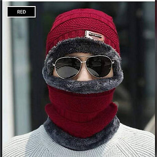 Maroon Woolen Beanie Cap Plus Neck Scarf Set For Men – Warm, Snow Proof