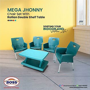 Boss (bp-317) Mega Joni Chair (pack Of 4) With (bp-334) Vista Rattan Pure Plastic Double Shelf Table