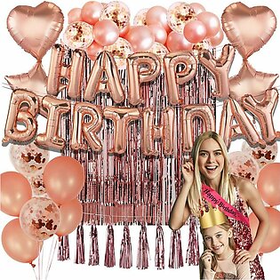 Glorious Rose Gold Birthday Theme Including Birthday Foil & 20 Balloons + Foil Curtain with Combo Of Confetti Balloons +2 x  Hearts & stars -Rose Gold Birthday Themes & Decorations -Rose Gold Decorations For Girls & Babies -Birthday Themes For girls
